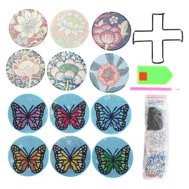 Set Of 6 Diamonds Painted Coaster With Stand Wooden Butterfly Drawing