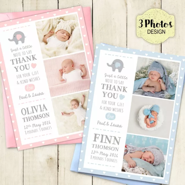 Personalised New Baby Thank You Cards / Announcement Envelopes + Photo (B3) 2