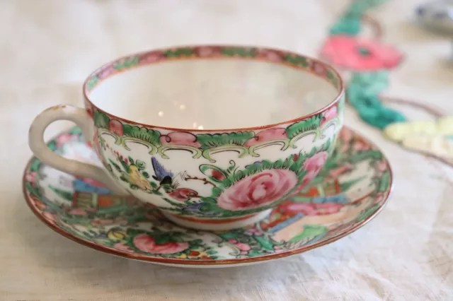 Antique Chinese Famille Rose Medallion Porcelain Tea Cup & Saucer Bone China