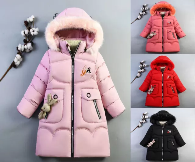 New Kids Girls Winter Warm Hooded Coat Padded Thick Parka Long Fur Cotton Jacket