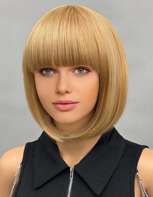 Perruque Courte Blonde Foncé Avec Frange, Synthétique, 35cm - Inclut 1 Bonnet, Neuf Sans étiquettes