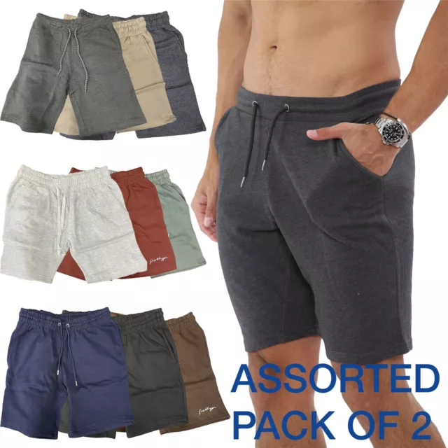 2 Pack Mens Fleece Shorts Jersey Plain Elasticated Gym Sweat Jogger Pants S-3XL