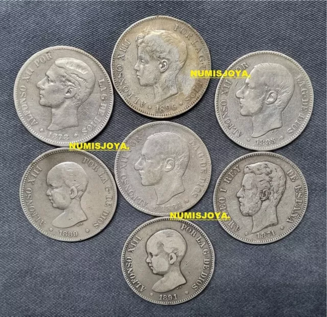 Lot of 7 coins of 5 Pesetas SILVER DIFFERENT DATES with dates inside stars.