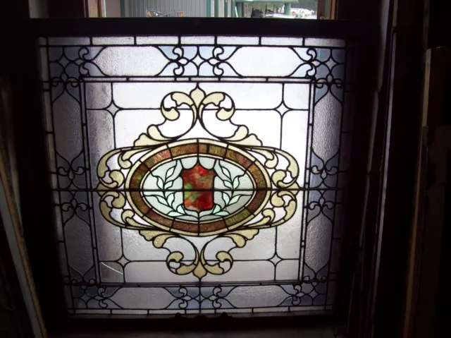 Very nice ornate stained and text glass window earth tone  (SG 1563)