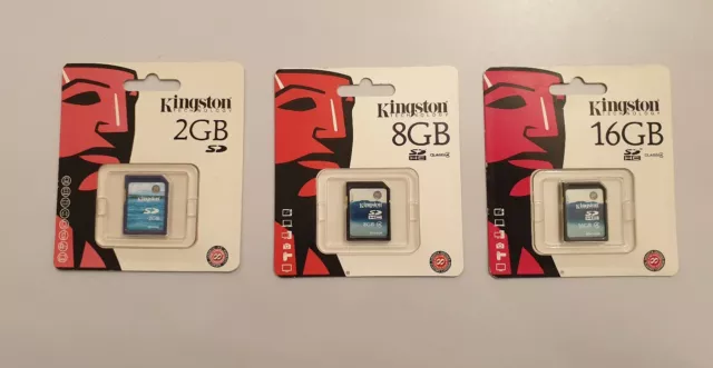 Lote 3 Tarjetas De Memoria Kingston de 2gb,8gb y 16gb Nuevos,sellados de fabrica