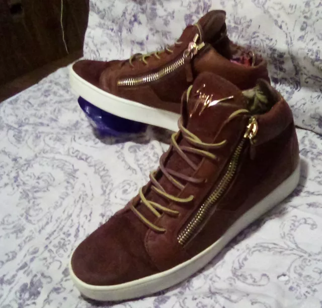 Giuseppe Zanotti Velour Leather Double Zipper Mid-Top Sneakers, Size 8.5