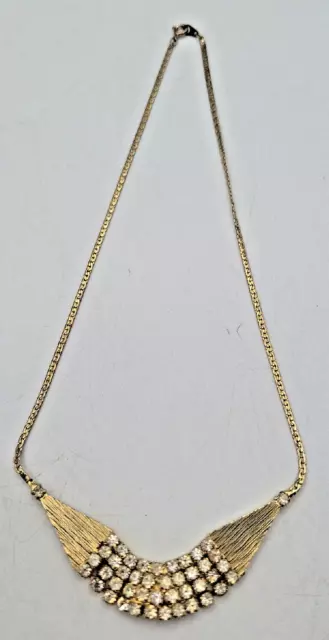 Vintage Art Deco Crystal Rhinestone Yellow Gold Tone Collar Choker Bib Necklace