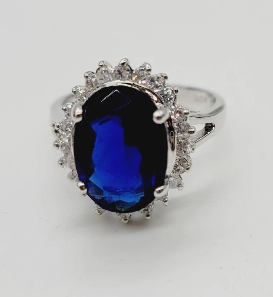 Avon 125th Anniversary Sapphire Majestic Princess Ring Silver CZ Size 9 #27