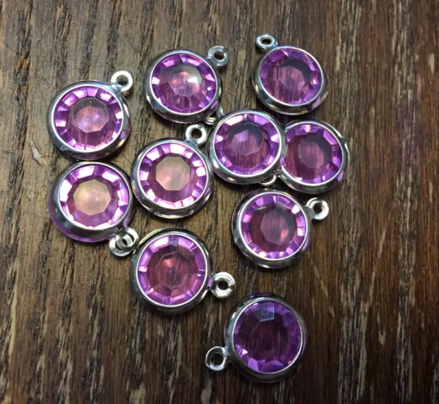 Vintage Lilac Lavender Lucite Round Faceted Bezel Charm Drops Finding Lot