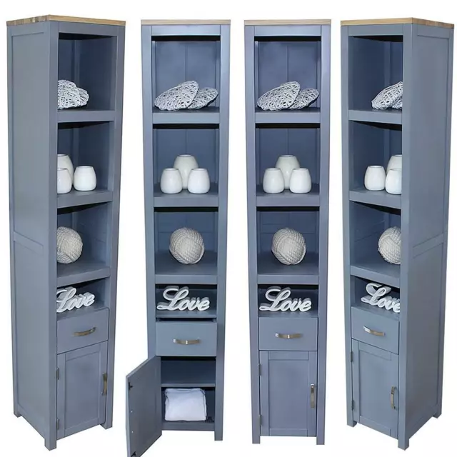 Oak Top Grey Painted Bathroom Storage Unit | Tall Cabinet with Shelving 180cm