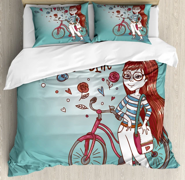 Dessin animé Housse de Couette Fille avec vélo