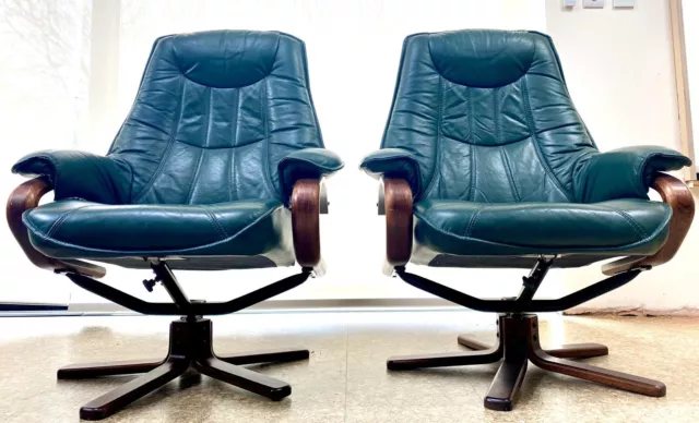 2x Vintage Danish Bentwood Leather Swivel Recline Lounge Chair-Retro-Mid Century