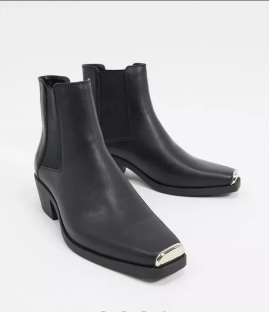 Asos Design Wide Fit Stacked Heel Western Chelsea Boots/Black/Faux Leathe US 13