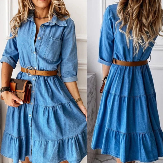 Femme Boutons Jeans Robe Chemise Été Décontracté Midi Tunique Confo *