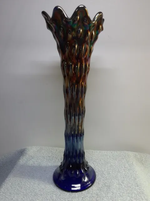 Beautiful Vintage Blue Iridescent Fenton Rustic Carnival Glass Vase
