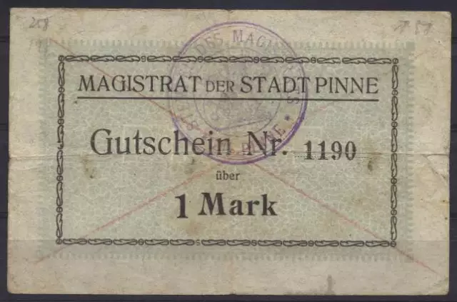 [12636] - NOTGELD PINNE (heute: Pniewy), Stadt, 1 Mark, o.D. (1914). Dießner 289