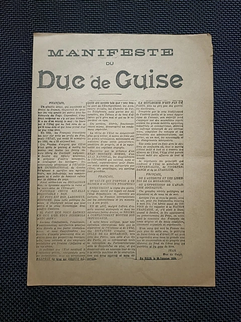 TRACT POLITIQUE Manifeste du Duc de Guise Jean d'Orléans 1939