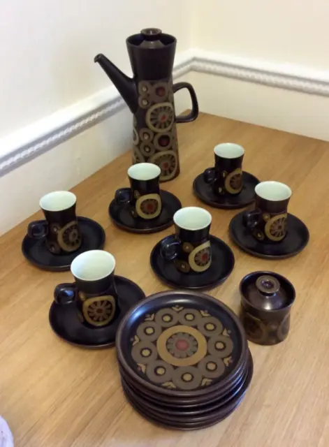 Vintage Denby Arabesque Brown Coffee Set  1960's /1970's with Side Plates