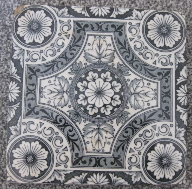 Antique Victorian  Sherwin and Cotton printed tile c1890 grey  ornate design