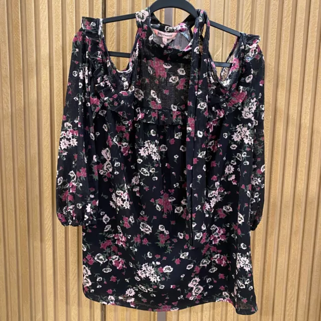 Juicy Couture Blouse Womens L Black Long Sleeve Cold Shoulder Floral NEW