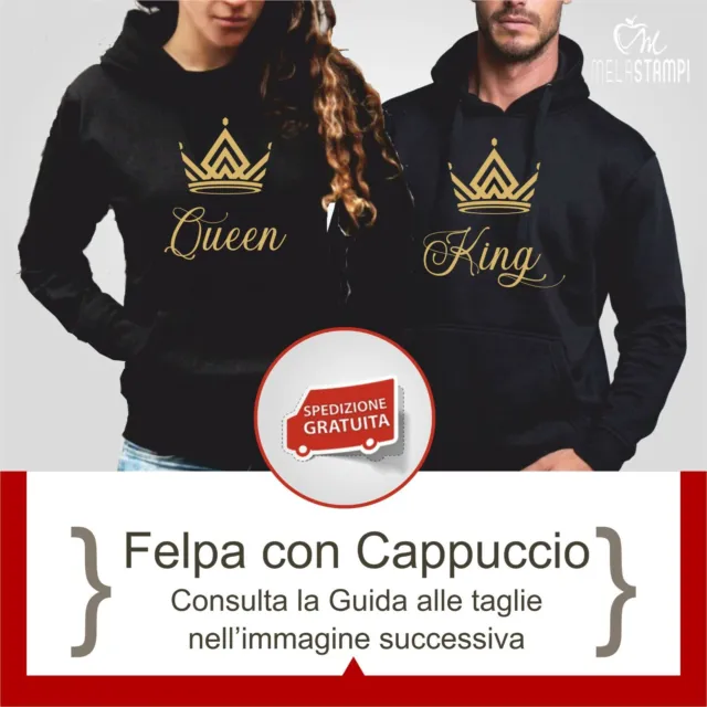 Felpe Coppia Cappuccio King Queen Stampa Oro Regalo Fidanzati San Valentino AB02