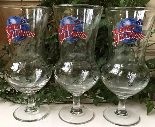 Lot of 3 Planet Hollywood 10" Hurricane Glasses Ft Lauderdale Stemmed WOW!