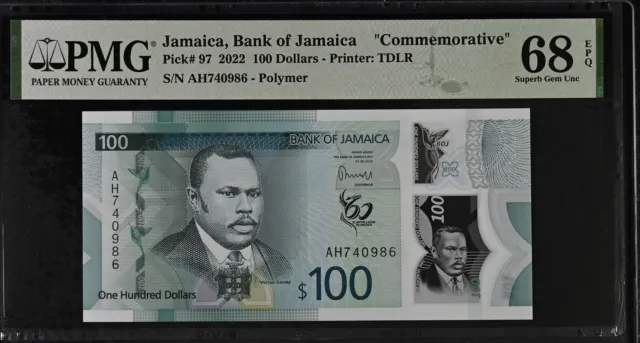 Jamaica 100 Dollars 2022 P 97 Comm. Superb Gem UNC PMG 68 EPQ
