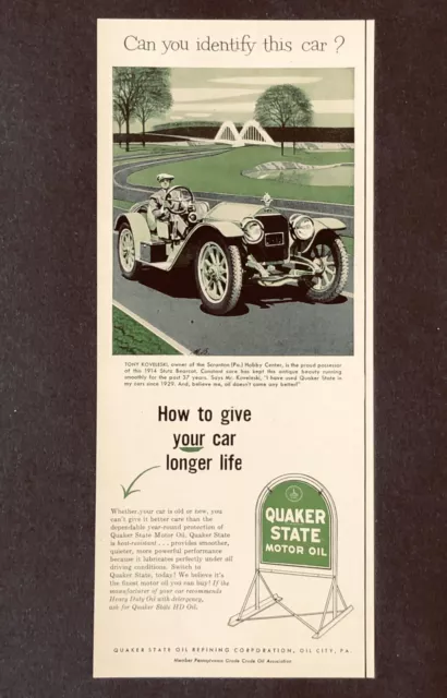1952 Quaker State Oil Advertisement 1914 Stutz Bearcat Koveleski Vtg Print AD