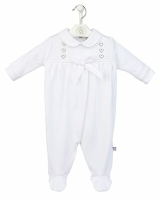 White Smocked Rompers Baby Grow Sleepsuit Spanish Heart & Bow Design Newborn -6M