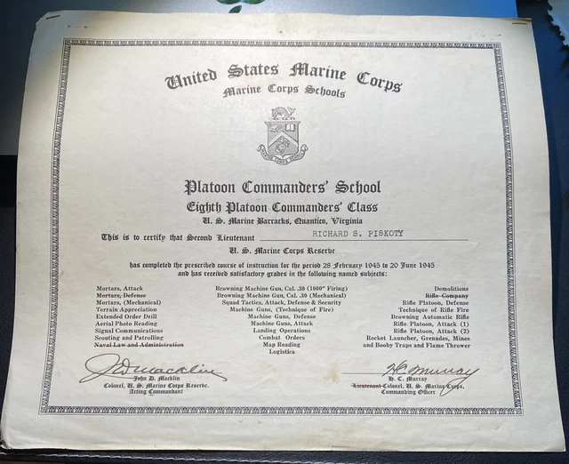 WW2 US Marine Corps Platoon Commanders School Document