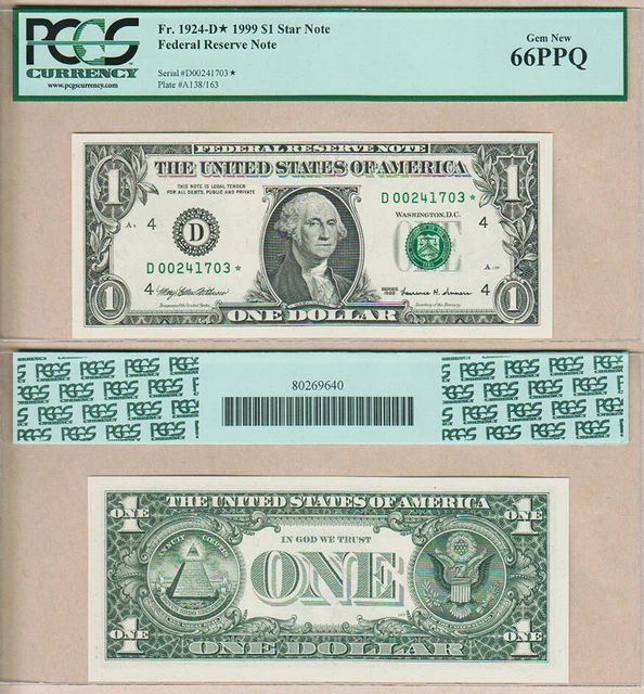 1999 $1 United States Federal Reserve Legal Tender Fr.1924-D* PCGS GEM66 PPQ