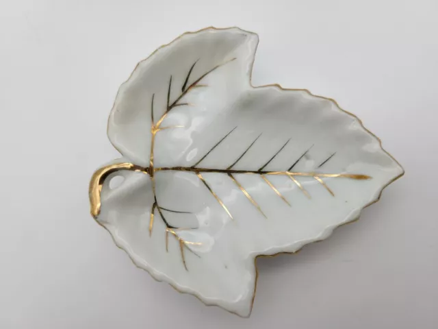 Vintage Occupied Japan White Porcelain Leaf Trinket Dish w/ Gold Trim