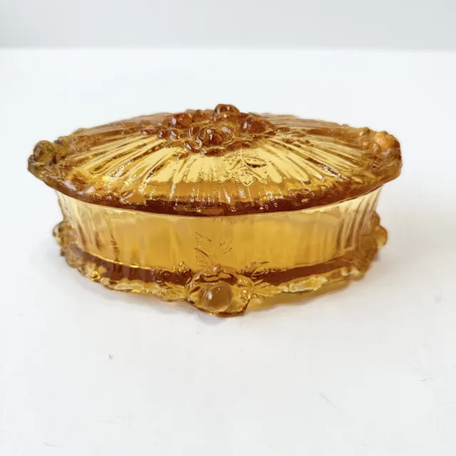 Vintage Fenton Cabbage Rose Amber Glass Covered Trinket Box Oval Footed Dish