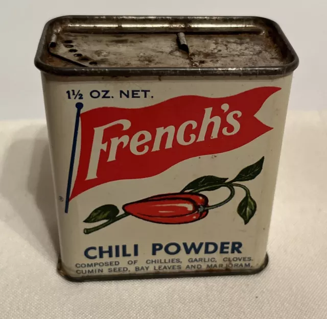 Vintage FRENCH's CHILI POWDER Spice 1 1/2 oz Tin The R T French Co USA Half Full