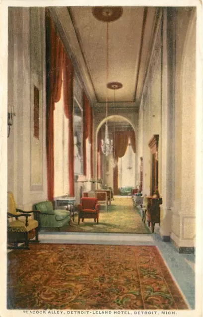 c1910 Detroit Leland Hotel, Peacock Alley, Detroit, Michigan Postcard