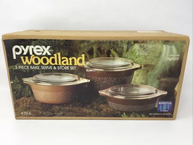 Pyrex Woodland Bake Serve & Store Set 470-6 Corning NEW SEALED NOS Vintage