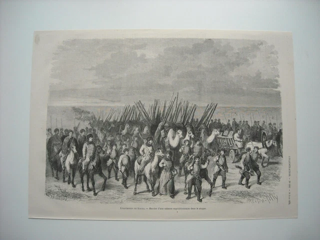 Gravure 1873. L’expedition De Khiwa. Marche Colonne Expedition Dans La Steppe.