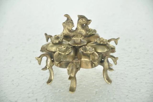 Old Brass Handcrafted Peacock Design 6 Compartment Tikka Powder Box