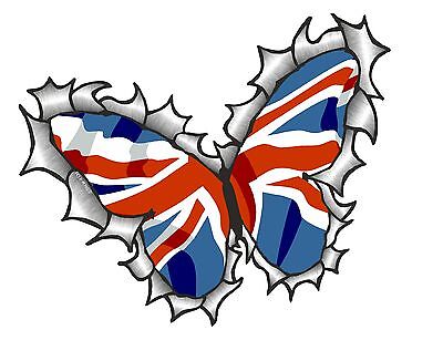 BUTTERFLY Ripped Torn Metal Design & Union Jack British Flag car sticker Decal
