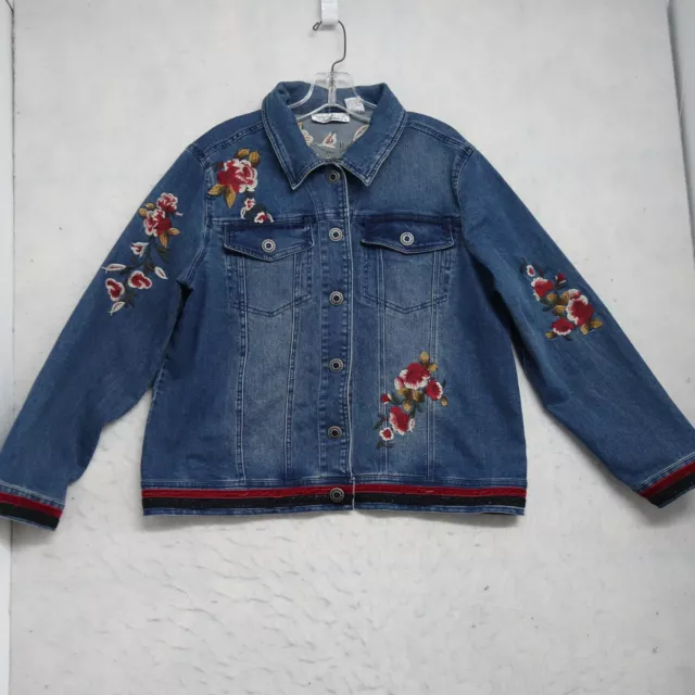 New Direction Denim Jacket Women's Medium Blue Floral Embroidered Stretch Cotton