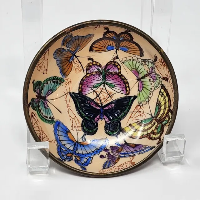 Porcelain and Brass Butterfly Plate Wall Hanging Chinese 4" Multicolor Vintage