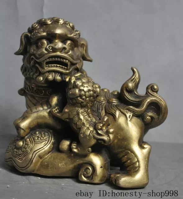 6"Chinese Feng Shui Brass Wealth Guardian Door Evil Fu Foo Dog Lion Statue Pair