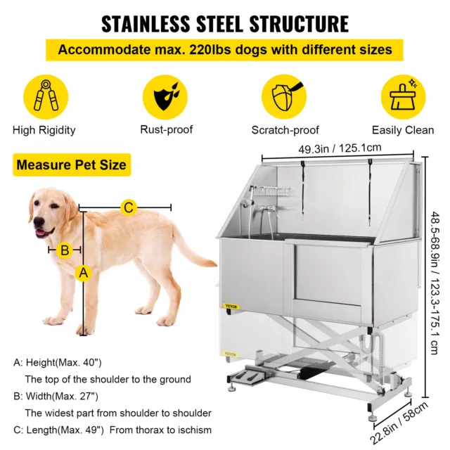 VEVOR Bañera para Mascotas Acero Inoxidable 50" para Gatos Perros 127cm 99,8KG 3