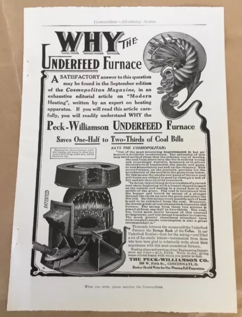 Peck Williamson Underfeed furnace print ad 1908 orignl vintage 1900s heating