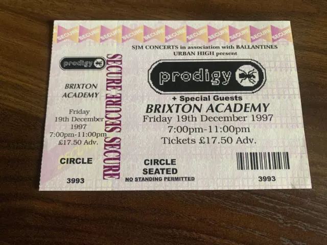 Prodigy Brixton Academy 19th December 1997 Unused Ticket Stub