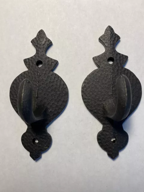 2 Vtg Antique Hammered Cast Iron Hooks Wall Mount Coat Hangers Industrial Decor