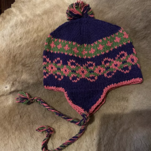Nepal Hand Made Knit Sherpa Hat Ear Flaps Trapper Ski Heavy Wool Fleece Cap 2