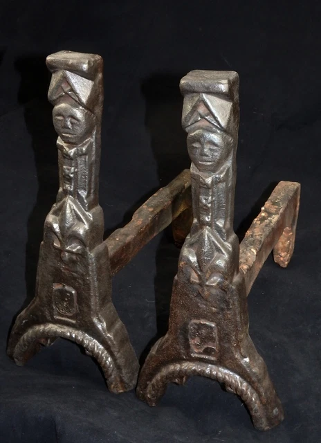 Originale Kaminböcke Eisen Spätgotisch Frankreich Lilien Maskaron 30 Kg Um 1550