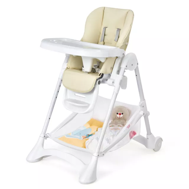 Baby Convertible Folding Adjustable High Chair w/Wheel Tray Storage Basket Beige