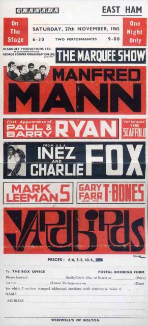 Eric Clapton Yardbirds Repro 1965 East Ham 27 Nov Concert Poster